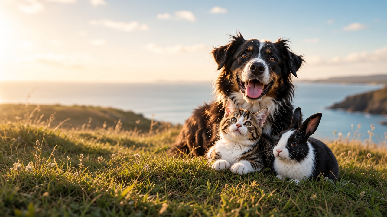 A dog, kitten and rabbit together on the Welsh coast