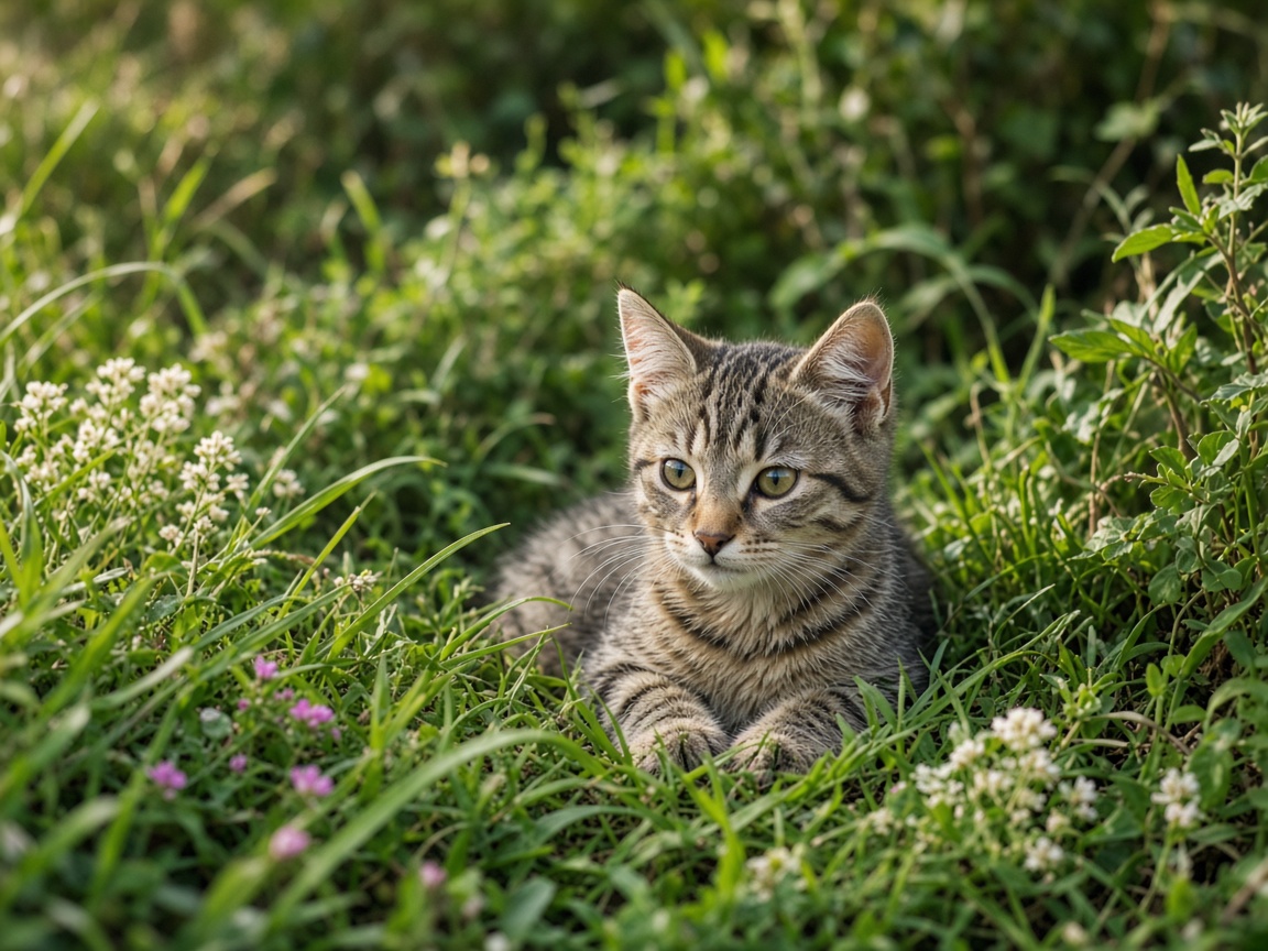 A tabby kitten in coastal grass