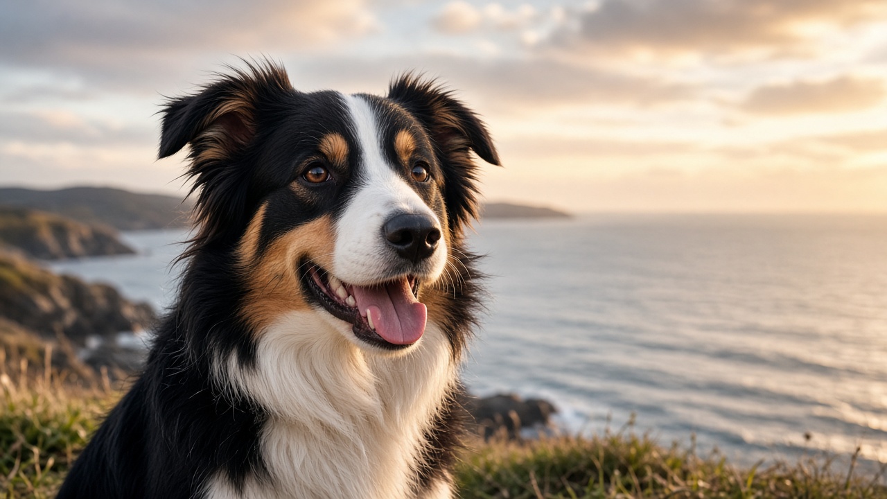 A happy border collie by the sea